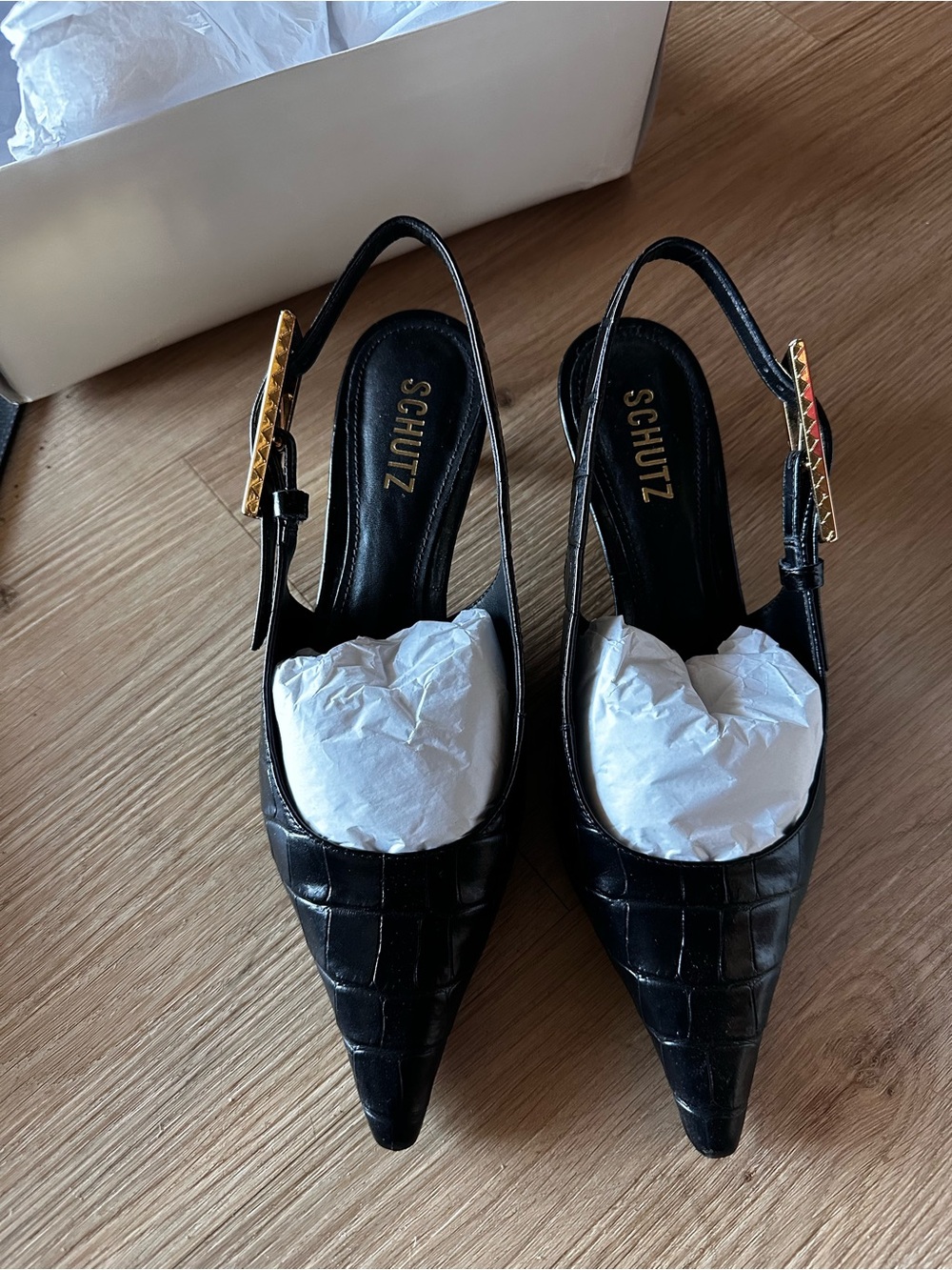 SCHUTZ Black Croc-Embossed Pointed Slingback kitten heels with Gold Buckle